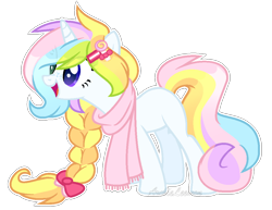 Size: 1060x818 | Tagged: safe, artist:lnspira, oc, oc only, oc:pop cake, pony, unicorn, bow, braid, clothes, female, hair bow, heterochromia, mare, scarf, simple background, solo, transparent background