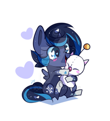 Size: 600x660 | Tagged: safe, artist:ipun, oc, oc only, oc:ebony, pony, unicorn, female, heart eyes, hug, mare, moogle, plushie, solo, watermark, wingding eyes