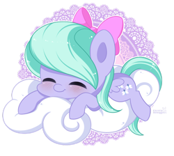 Size: 800x718 | Tagged: safe, artist:exceru-karina, flitter, pony, blushing, chibi, cloud, eyes closed, prone, simple background, smiling, solo, transparent background