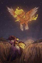 Size: 1058x1577 | Tagged: safe, artist:koviry, oc, oc only, oc:ashfire, oc:comet, pegasus, pony, unicorn, commission, duo, elemental pony, female, flying, looking down, male, mare, night, smiling, spread wings, stallion, tall grass, wings