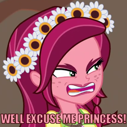 Size: 420x420 | Tagged: safe, edit, edited screencap, screencap, gloriosa daisy, equestria girls, legend of everfree, flower, flower in hair, freckles, open mouth, solo, the legend of zelda, tv reference, yelling