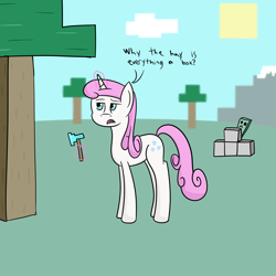 Size: 1600x1600 | Tagged: safe, artist:joey, twinkleshine, pony, unicorn, :<, axe, creeper, crossover, dialogue, female, levitation, magic, mare, minecraft, solo, telekinesis, this will end in explosions, tree