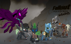 Size: 1920x1200 | Tagged: safe, artist:coffeerings, oc, oc only, oc:emjay, oc:hero, oc:misty la moon, oc:serenity, oc:tidbit, alicorn, bat pony, changeling, ghoul, pony, unicorn, fallout equestria, group, hivemind, steel ranger