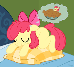 Size: 920x834 | Tagged: safe, artist:scrumize, apple bloom, pony, adorabloom, cute, dream, eating, food, nom, pie, pillow, prone, sleeping, solo