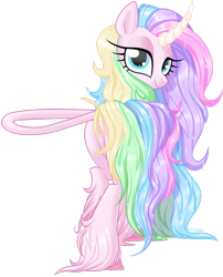 Size: 1024x1269 | Tagged: safe, artist:kellythedrawinguni, oc, oc only, oc:aurora, classical unicorn, pony, unicorn, cloven hooves, curved horn, female, leonine tail, looking back, mare, simple background, solo, transparent background, unshorn fetlocks