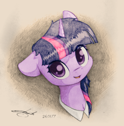 Size: 1024x1035 | Tagged: safe, artist:freeedon, artist:longren, color edit, edit, twilight sparkle, pony, bust, colored, cute, featured on derpibooru, female, floppy ears, fluffy, looking at you, mare, open mouth, portrait, smiling, solo, traditional art, twiabetes