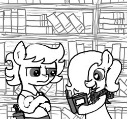Size: 640x600 | Tagged: safe, artist:ficficponyfic, oc, oc only, oc:emerald jewel, oc:ruby rouge, earth pony, pony, bandana, belt, book, bookshelf, bored, child, collage, colt, colt quest, crossed arms, excited, female, femboy, filly, frown, hair over one eye, happy, heart, heart eyes, knife, library, male, reading, smiling, story included, temple, tomboy, wingding eyes