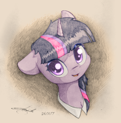 Size: 1024x1035 | Tagged: safe, artist:freeedon, artist:longren, color edit, edit, twilight sparkle, pony, bust, colored, cute, floppy ears, fluffy, looking at you, open mouth, portrait, smiling, solo, traditional art, twiabetes