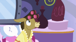 Size: 480x270 | Tagged: safe, artist:wissle, edit, edited screencap, screencap, lotus blossom, matilda, steven magnet, earth pony, hybrid, mule, pony, slice of life (episode), animated, boop, female, finger, food, gif, mare, parody, pie, raised eyebrow, scene parody, smirk, solo, sound at source, spa, this will end in tears, youtube link