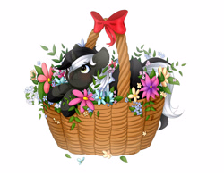 Size: 3300x2600 | Tagged: safe, artist:sweesear, oc, oc only, pony, unicorn, basket, cute, female, flower, ocbetes, pony in a basket, ribbon, simple background, smiling, solo, white background, ych result