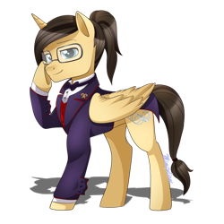 Size: 800x800 | Tagged: safe, artist:mimijuliane, oc, oc only, oc:eternal light, alicorn, pony, alicorn oc, clothes, glasses, male, ponytail, simple background, solo, stallion, suit, transparent background