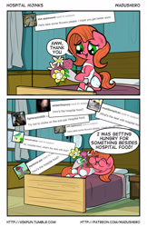 Size: 1280x1978 | Tagged: safe, artist:wadusher0, oc, oc only, oc:pun, earth pony, pony, comic:hospital hijinks, ask, bandage, comic, eating, female, flower, flowey, herbivore, horses doing horse things, mare, tumblr, undertale