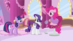 Size: 1024x576 | Tagged: safe, derpibooru import, screencap, pinkie pie, rarity, twilight sparkle, earth pony, pony, unicorn, it's about time, chair, checklist, comb, magic, quill, saddle bag, scissors, sitting