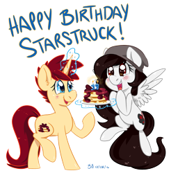 Size: 1644x1674 | Tagged: safe, artist:bloodorangepancakes, oc, oc only, oc:ruby pancakes, oc:starstruck symphony, pegasus, pony, unicorn, birthday, food, pancakes