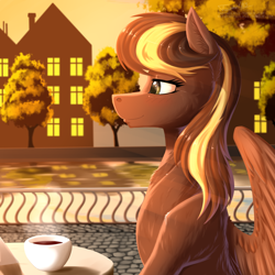 Size: 2000x2000 | Tagged: safe, artist:twotail813, oc, oc only, pegasus, pony, bust, evening, female, fluffy, food, mare, profile, rcf community, river, scenery, solo, tea, town