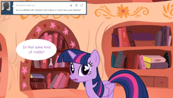 Size: 1280x720 | Tagged: safe, artist:hakunohamikage, twilight sparkle, twilight sparkle (alicorn), alicorn, pony, ask, ask-princesssparkle, book, golden oaks library, solo, tumblr