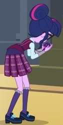 Size: 217x430 | Tagged: safe, screencap, sci-twi, twilight sparkle, equestria girls, friendship games, bent over, clothes, cropped, crystal prep academy uniform, magic capture device, rear view, school uniform, shoes, socks, solo