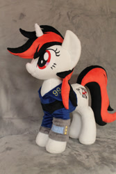 Size: 1504x2256 | Tagged: safe, artist:whitedove-creations, oc, oc only, oc:blackjack, pony, unicorn, fallout equestria, armor, clothes, fanfic, fanfic art, female, hooves, horn, irl, mare, photo, pipbuck, plushie, security armor, solo, vault security armor, vault suit