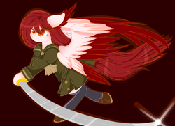 Size: 1024x742 | Tagged: safe, artist:little-sketches, oc, oc only, oc:sora, pony, seraph, clothes, colored pupils, eye clipping through hair, female, mare, multiple wings, red background, simple background, solo, sword, weapon