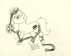 Size: 5999x4763 | Tagged: safe, artist:buster & dawnhorse, oc, oc only, oc:l cut, pony, unicorn, absurd resolution, film reel, magic, monochrome, solo, traditional art