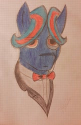 Size: 547x843 | Tagged: safe, artist:lxden, oc, oc only, oc:hellfire, bowtie, gentlepony, graph paper, monocle, red eyes, russia, solo, traditional art