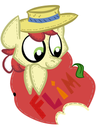 Size: 1536x2048 | Tagged: safe, artist:toxickittycat, flim, apple, food, hat, simple background, smiling, solo, transparent background