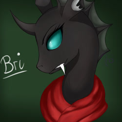 Size: 1000x1000 | Tagged: safe, artist:phobos-ilungian, oc, oc only, changeling, bust, clothes, fangs, female, green, mare, portrait, scarf, solo