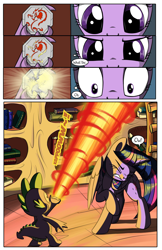 Size: 1750x2700 | Tagged: safe, artist:sirzi, artist:true line translators, spike, twilight sparkle, twilight sparkle (alicorn), alicorn, dragon, pony, comic:talisman for a pony, book, bookshelf, comic, crossover, fire, golden oaks library, jackie chan adventures, talisman, this will end in tears and/or death, translation, xk-class end-of-the-world scenario