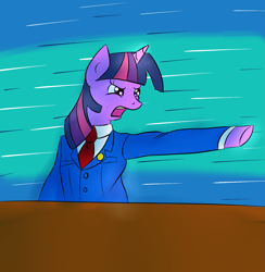 Size: 1399x1432 | Tagged: safe, artist:my-little-brony, twilight sparkle, ace attorney, clothes, crossover, necktie, objection, phoenix wright, solo, suit