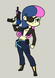 Size: 1142x1600 | Tagged: safe, artist:khuzang, bon bon, sweetie drops, human, equestria girls, badass, belly button, breasts, cleavage, clothes, equestrian city, eyepatch, female, gray background, gun, humanized, midriff, mp7, pants, scar, secret agent sweetie drops, serious, serious face, simple background, solo, submachinegun, weapon