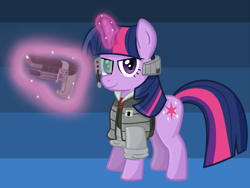 Size: 2000x1500 | Tagged: safe, artist:nightofaccordionsax, twilight sparkle, pony, abstract background, blaster, clothes, cosplay, costume, fox mccloud, gun, magic, scanner, smiling, solo, star fox, weapon