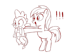 Size: 2307x1678 | Tagged: safe, artist:ahnoi, noi, spike, dragon, earth pony, pony, bipedal, exclamation point, female, filly, holding, lineart, monochrome, open mouth, simple background, sketch, transparent background