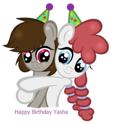 Size: 1280x1391 | Tagged: safe, artist:gingerlily93, oc, oc only, oc:yashathebasher, pony, birthday, hat, hug, party hat