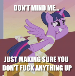 Size: 468x476 | Tagged: safe, edit, edited screencap, screencap, twilight sparkle, twilight sparkle (alicorn), alicorn, pony, a royal problem, ballerina, cropped, image macro, meme, solo, spying, tutu, twilarina, vulgar