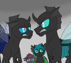 Size: 3600x3200 | Tagged: safe, artist:jolliapplegirl, kevin (changeling), thorax, oc, oc:illusive spark, oc:victor, changeling, hybrid, foal, gritted teeth, hissing, interspecies offspring, magical gay spawn, next generation, offspring, parent:kevin, parent:scootaloo, parent:spike, parent:thorax, parents:keviloo, parents:thoraxspike, sharp teeth, story included, teeth