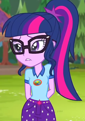 Size: 614x878 | Tagged: safe, screencap, sci-twi, twilight sparkle, equestria girls, legend of everfree, arm behind back, cropped, lip bite, solo