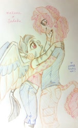 Size: 776x1280 | Tagged: safe, artist:onnanoko, oc, oc only, anthro, giraffe, pegasus, zony, hug, shipping, traditional art