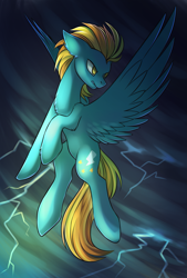 Size: 1181x1748 | Tagged: safe, artist:dragonataxia, lightning dust, pegasus, pony, female, flying, lightning, mare, solo, stormcloud, wings