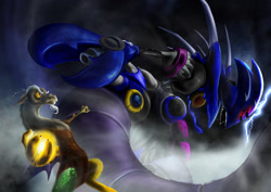 Size: 1500x1063 | Tagged: safe, artist:d-lowell, discord, dragon, crossover, fight, final boss, metal madness, metal overlord, metal sonic, sega, sonic heroes, sonic the hedgehog (series)