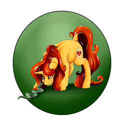 Size: 1024x1024 | Tagged: safe, artist:crecious, oc, oc only, oc:cinderheart, pony, snake, unicorn, belly, cute, golden eyes, pet, pet oc, simple background, smiling, solo