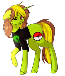 Size: 1165x1367 | Tagged: safe, artist:ohhoneybee, oc, oc only, oc:zuzi, pony, unicorn, black sclera, clothes, female, heterochromia, mare, raised hoof, shirt, simple background, solo, transparent background