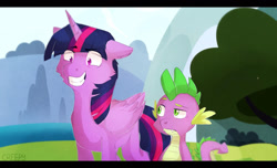 Size: 1280x776 | Tagged: safe, artist:suplolnope, spike, twilight sparkle, twilight sparkle (alicorn), alicorn, dragon, pony, raised eyebrow, smiling