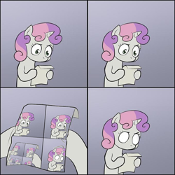 Size: 680x680 | Tagged: safe, sweetie belle, sweetie bot, pony, robot, robot pony, unicorn, bipedal, cognitohazard, divide by zero, droste effect, exploitable meme, female, filly, gradient background, hoof hold, hooves, horn, letter, logic bomb, mare, meme, paper, recursion, solo, sweetie's note meme, two toned hair, we need to go deeper, white coat