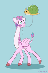 Size: 667x1000 | Tagged: safe, artist:empyu, princess flurry heart, whammy, giraffe, balloon, blue background, cute, female, flurrybetes, giraffied, mouth hold, simple background, solo, species swap