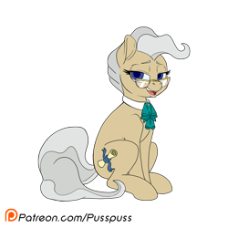 Size: 1000x1000 | Tagged: safe, artist:pusspuss, mayor mare, earth pony, pony, female, glasses, looking at you, mare, patreon, patreon logo, simple background, sitting, smiling, solo, transparent background