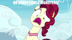 Size: 1191x670 | Tagged: safe, artist:leviarex, edit, edited screencap, screencap, cherry jubilee, pony, party pooped, imminent tickles, implied tickling, meme, solo, terrified, this will end in laughs, this will end in tears, tickling