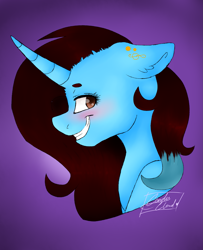 Size: 1885x2325 | Tagged: safe, artist:pinkcloudhugger, oc, oc only, oc:dess, pony, abstract background, bust, curved horn, portrait, profile, solo