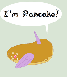 Size: 510x588 | Tagged: safe, artist:duomochiaro, twilight sparkle, twilight sparkle (alicorn), alicorn, pony, food, i'm pancake, inanimate tf, literal, not salmon, pancakes, simple background, solo, speech bubble, teal background, transformation, wat