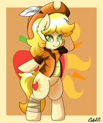 Size: 2000x2400 | Tagged: safe, artist:ciderpunk, oc, oc only, oc:applesunrise, earth pony, pony, bandage, clothes, colored pupils, cowboy hat, cutie mark, feather, hat, solo, standing