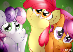 Size: 2500x1780 | Tagged: safe, artist:ihasjessie-kat, apple bloom, scootaloo, sweetie belle, chubby cheeks, cute, cutie mark crusaders, pouting